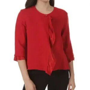 MASAI Juna Red Knit Cardigan Jacket Satin Ruffle Trim 3/4 Sleeves 2XL NWT $158